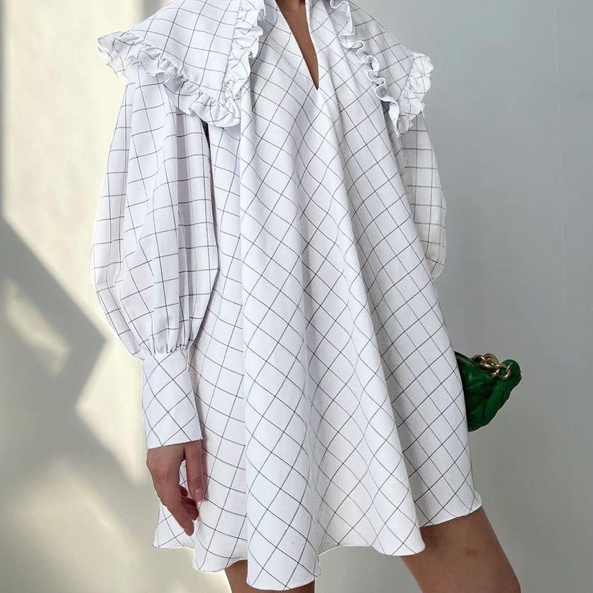 Barbie Doll Collar White Plaid Mini Dress Casual Long Sleeve Office Dress Elegant Loose Ruffle Dresses