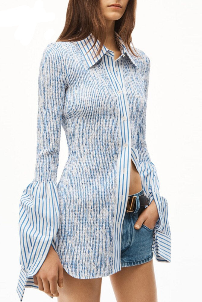 ASHORE SHOP Stitching Shaped Shirit For Women Lapel Collar Flare Sleeve Button Through Patchwork Folds Blouses Female Spring Clothing