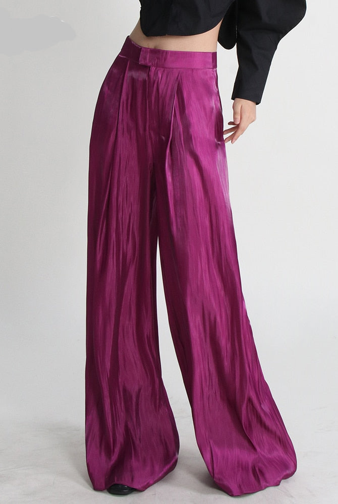 ASHORE Boutique Womens Wide Leg Satin Pants High Waist Loose Solid Ruched Trousers Female Clothing 2022 Summer Style