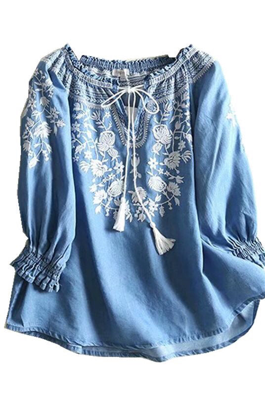 Vintage Chic Women Floral Embroidery Beach Bohemian Denim Cotton Blouse Shirt Long Sleeve V-neck Tassel Loose Boho Jeans Shirts