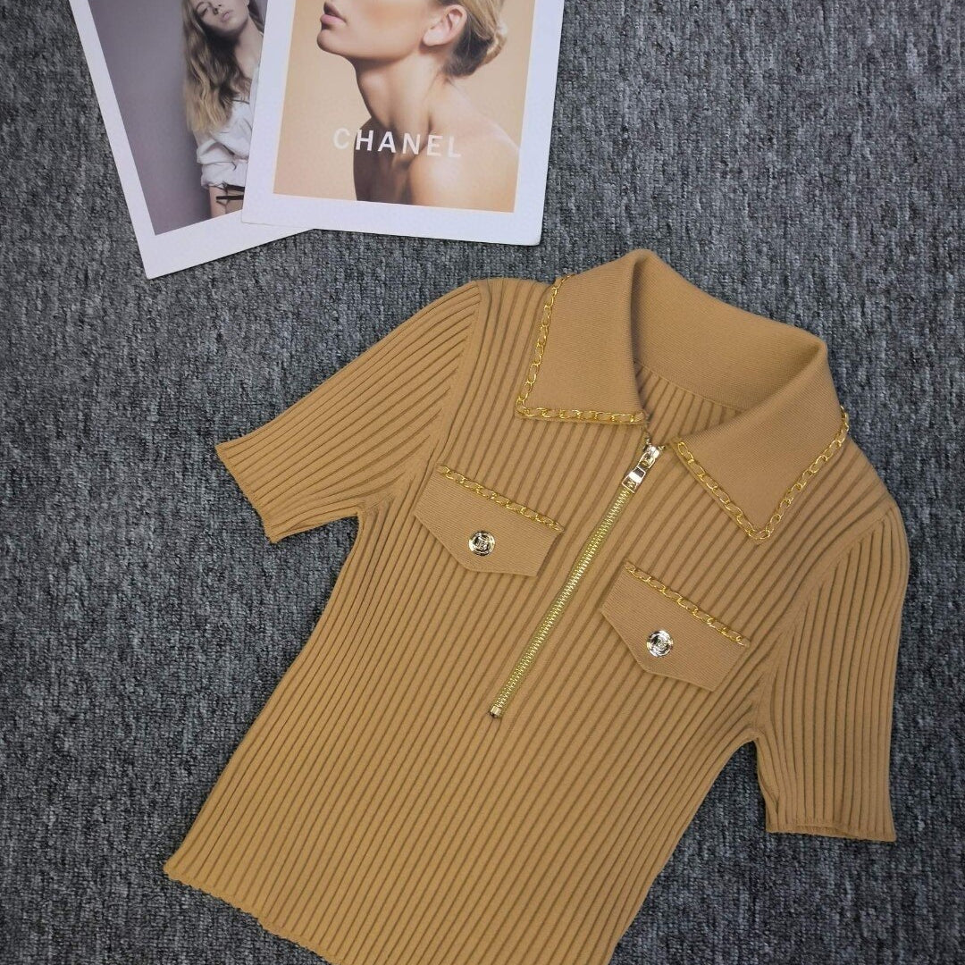 Ashore Boutique 2023 Summer Luxury Chain Design Polo Collar Slim Short Women Y2K Mini