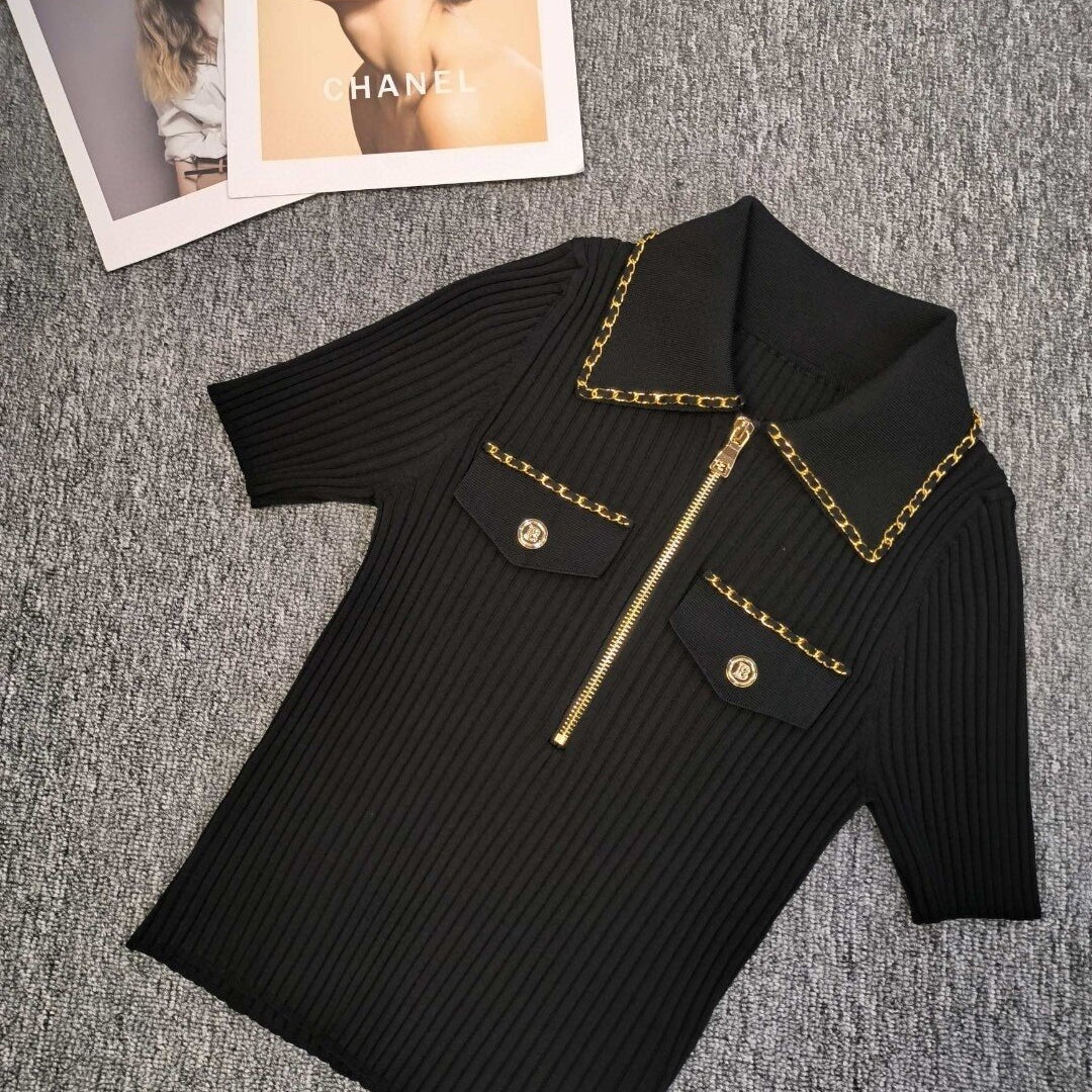 Ashore Boutique 2023 Summer Luxury Chain Design Polo Collar Slim Short Women Y2K Mini