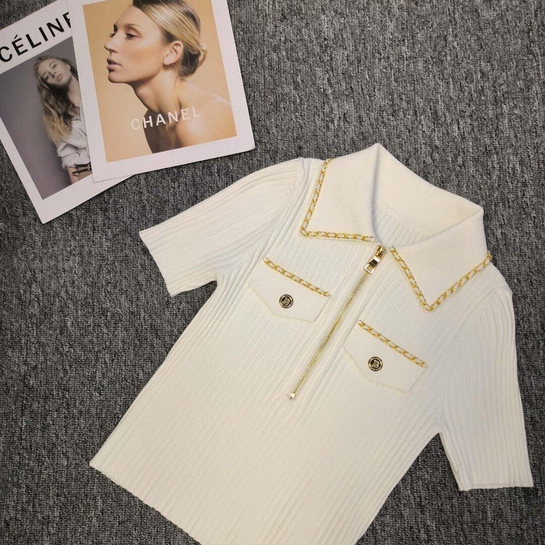 Ashore Boutique 2023 Summer Luxury Chain Design Polo Collar Slim Short Women Y2K Mini