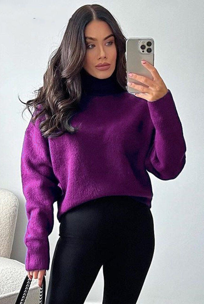 Women Soft Touch Faux Mohair Sweaters Loose Knit Purple Sweater High Neck Long Sleeve Female Pullovers Chic Tops