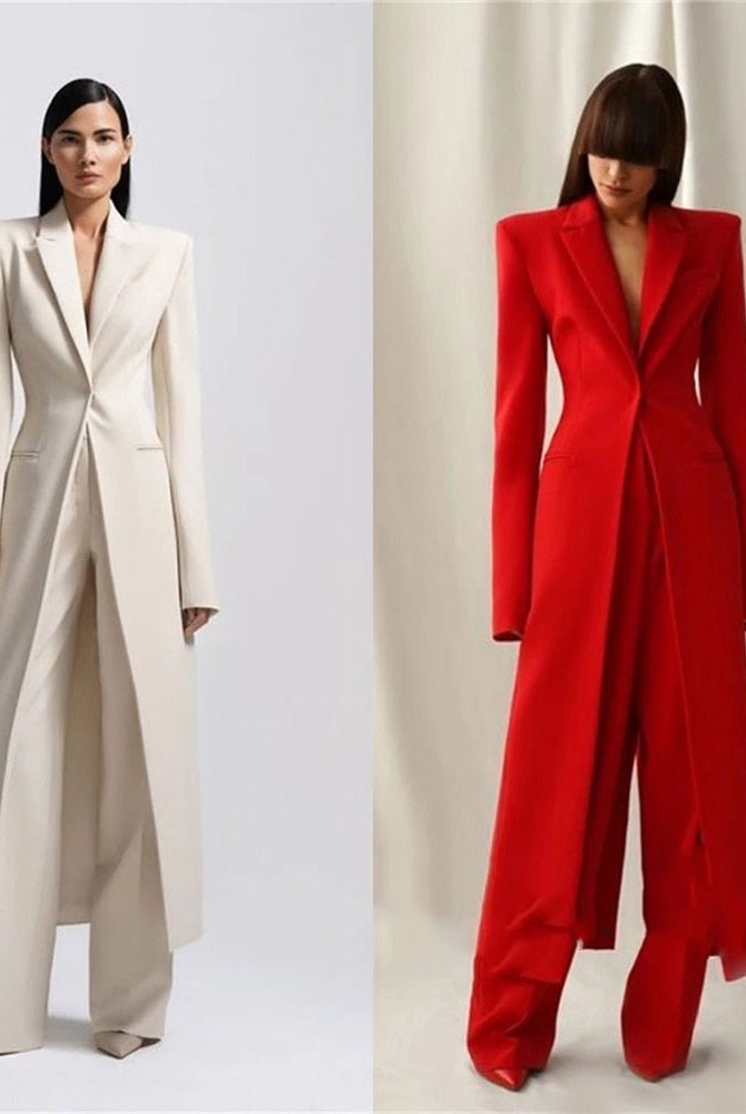 New Women's Two-Piece Set Elegant Party Suit Long Coat + Straight Pants