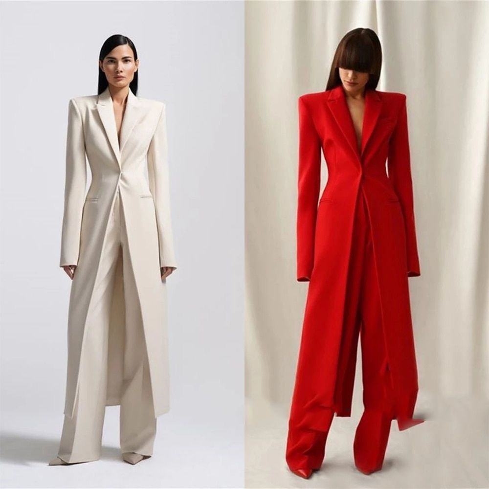 New Women's Two-Piece Set Elegant Party Suit Long Coat + Straight Pants