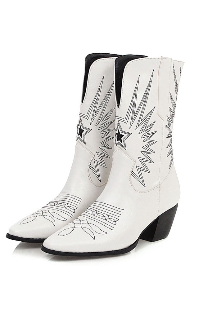 Ashoreshop Western Cowgirl Floral Boots For Women 2022 Pointed Toe Mid Calf Embroidery Boots