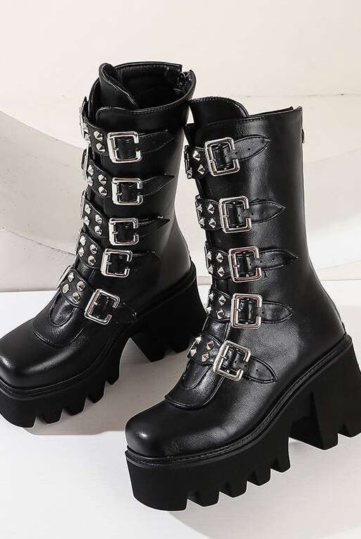 Punk Biker Boots Sexy Buckle Womens winter high boots Leather Block Heel Gothic Black Punk Style Platform Shoes