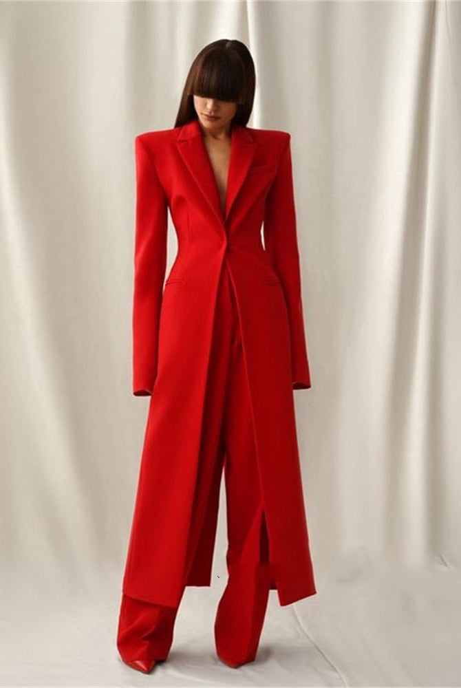 New Women's Two-Piece Set Elegant Party Suit Long Coat + Straight Pants