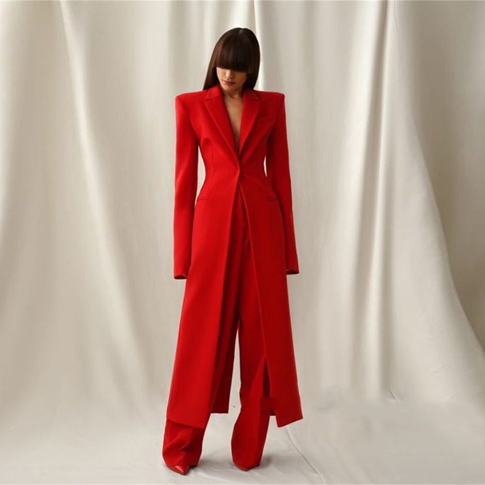 New Women's Two-Piece Set Elegant Party Suit Long Coat + Straight Pants