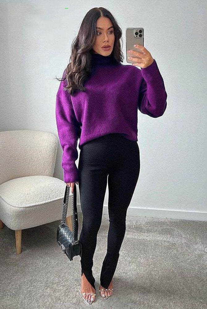 Women Soft Touch Faux Mohair Sweaters Loose Knit Purple Sweater High Neck Long Sleeve Female Pullovers Chic Tops
