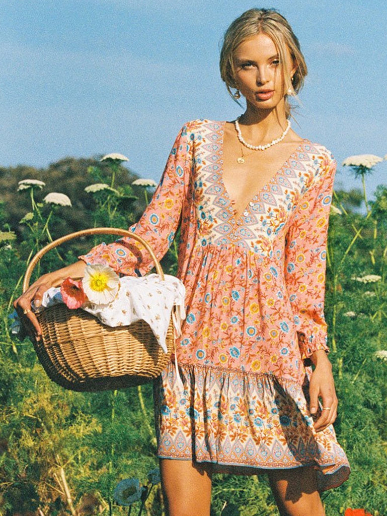 Spring Summer Boho Floral Print Midi A-line Dress
