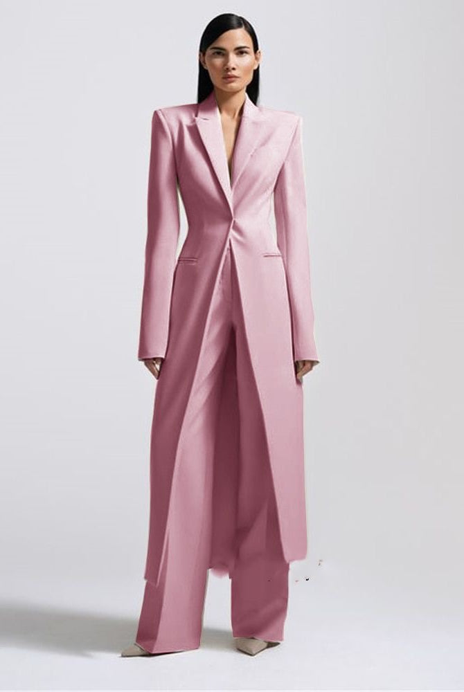 New Women's Two-Piece Set Elegant Party Suit Long Coat + Straight Pants