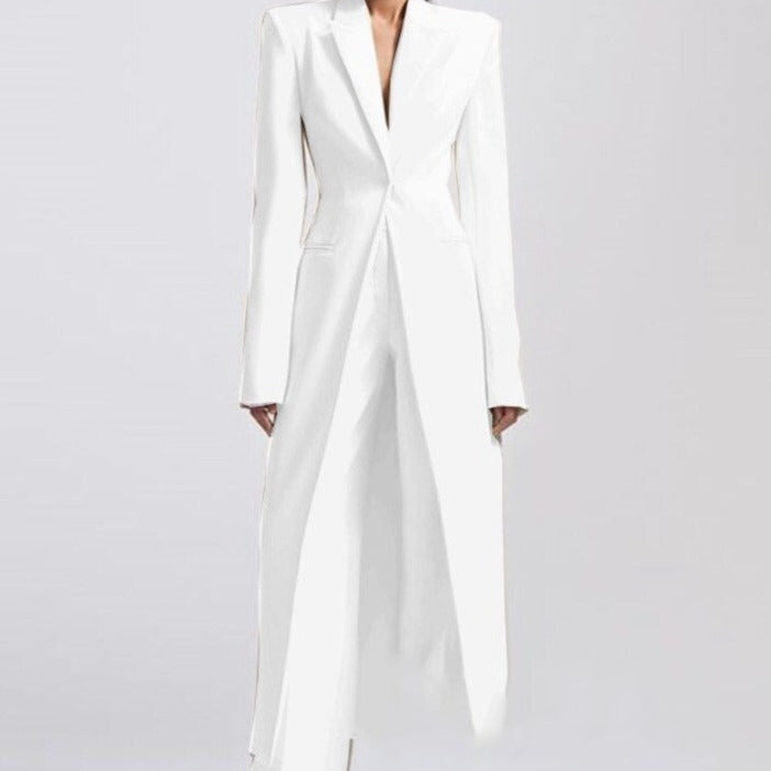 New Women's Two-Piece Set Elegant Party Suit Long Coat + Straight Pants