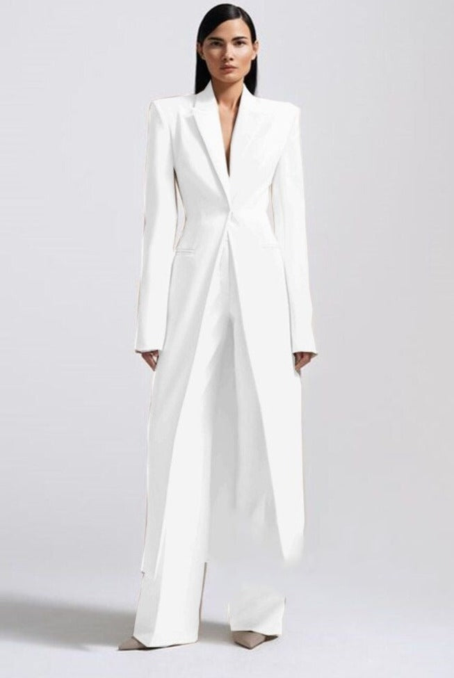 New Women's Two-Piece Set Elegant Party Suit Long Coat + Straight Pants