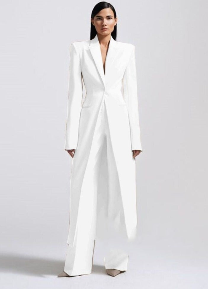 New Women's Two-Piece Set Elegant Party Suit Long Coat + Straight Pants