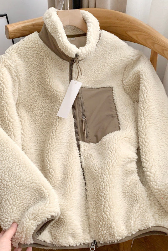 Zipper Lamb Fur Women Coats Winter Turtleneck Pocket Thick Warm Outerwear