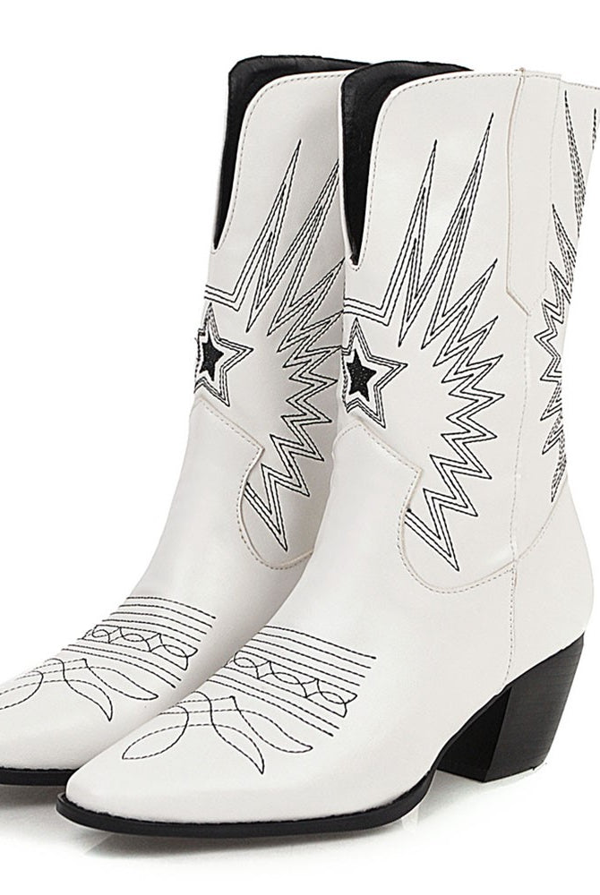 Ashoreshop Western Cowgirl Floral Boots For Women 2022 Pointed Toe Mid Calf Embroidery Boots