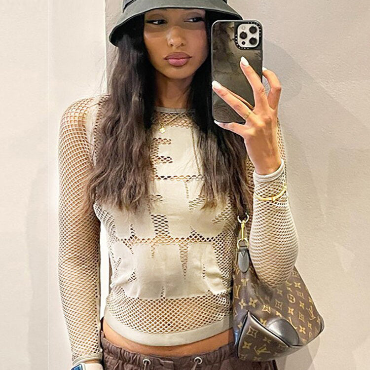 O Neck Letter Hollow Out Women T Shirts Long Sleeve White Casual Summer Mesh Sexy Crop Tops Y2K Party