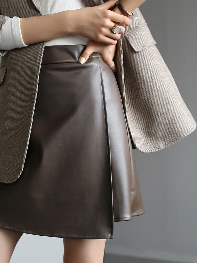 Spring mini Faux Leather skirts for Women 2022 brown short leather skirt