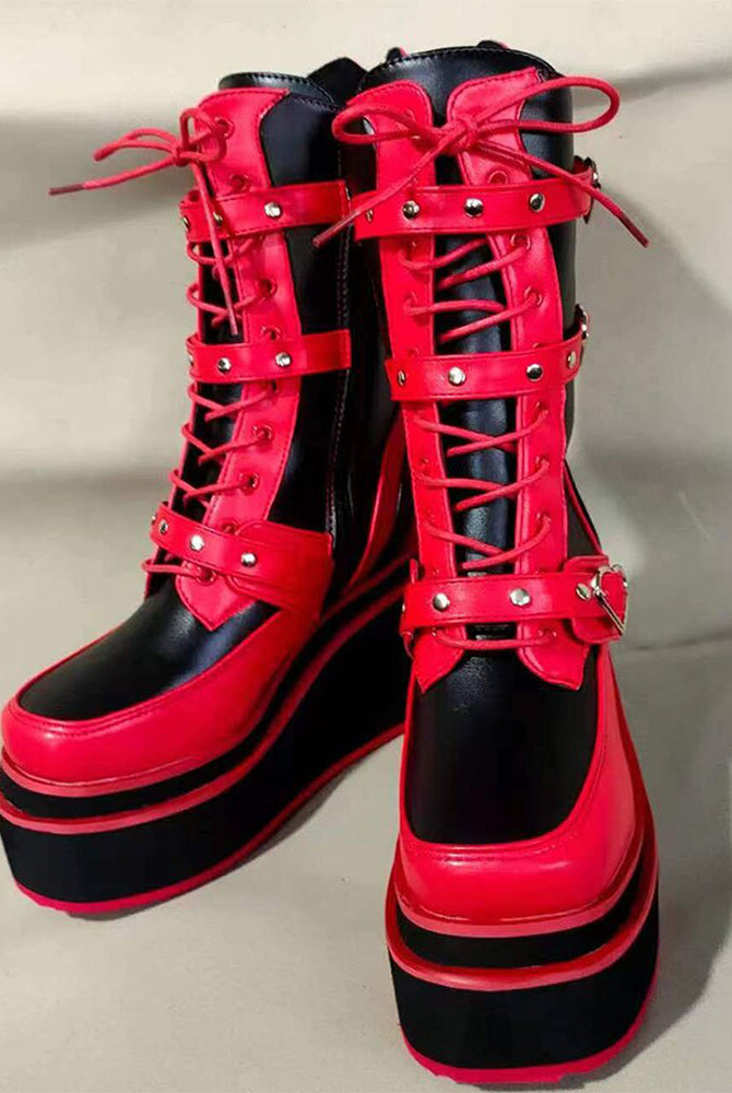 Ladies Mixed Colors Platform Boots Rivet Buckle Wedges High Heels women's Boots