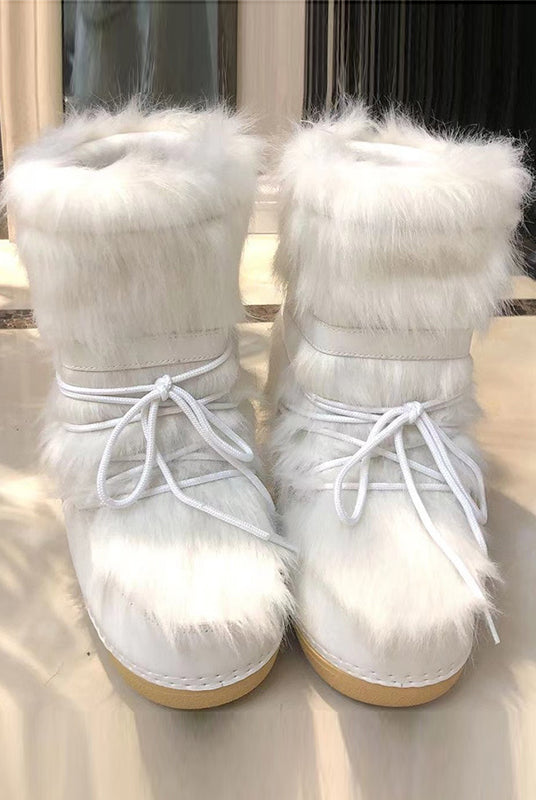 Ashore Shop Womens Snow Boots Winter Fur Boots Lace Up Middle Calf Platform Flat With White Ski Boots