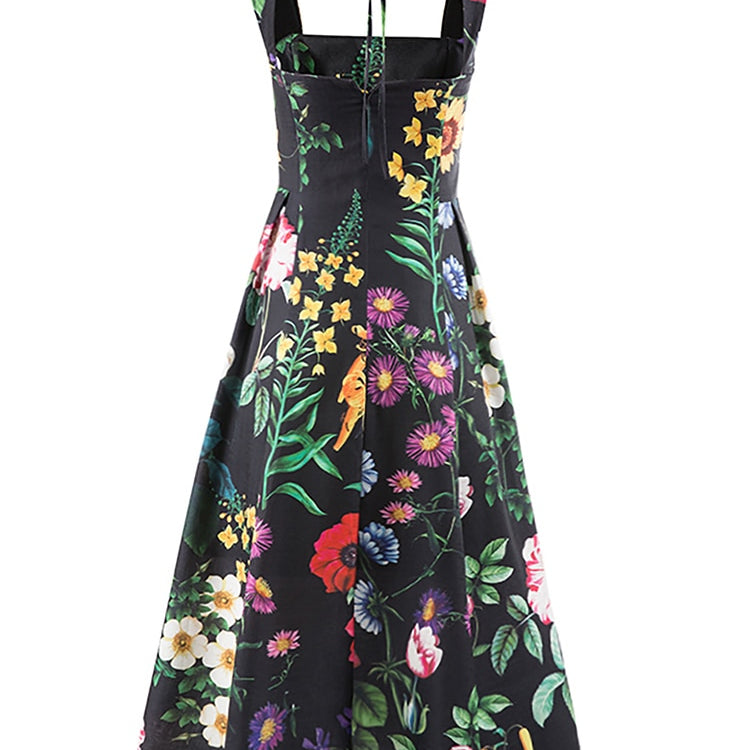 ASHORE Boutique Summer Black Flower Dress For Women Square Collar Sleeveless High Waist Print Midi Dresses