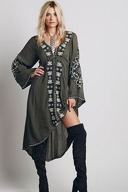 ASHORESHOP Long Beach Dresses Women Tunic Vintage Floral Embroidered Cotton Long Dress vestidos Casual Hippie Boho Asymmetric robe