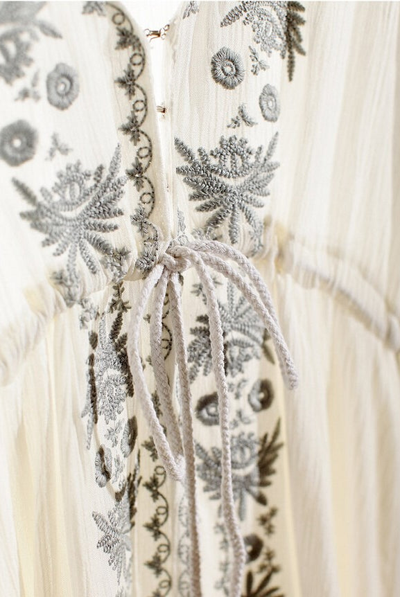 ASHORESHOP Long Beach Dresses Women Tunic Vintage Floral Embroidered Cotton Long Dress vestidos Casual Hippie Boho Asymmetric robe