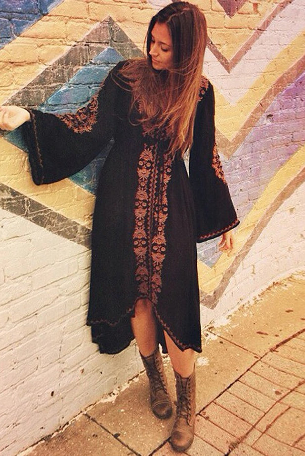 ASHORESHOP Long Beach Dresses Women Tunic Vintage Floral Embroidered Cotton Long Dress vestidos Casual Hippie Boho Asymmetric robe