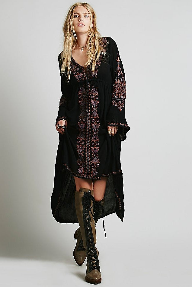 ASHORESHOP Long Beach Dresses Women Tunic Vintage Floral Embroidered Cotton Long Dress vestidos Casual Hippie Boho Asymmetric robe