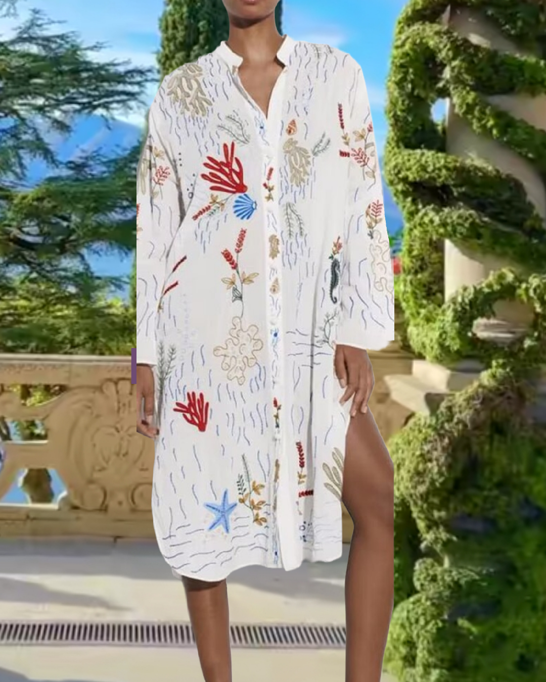 ASHORE SHOP Women Embroidery Long Dress 2023 New Round Neck Single Breasted Long Sleeve