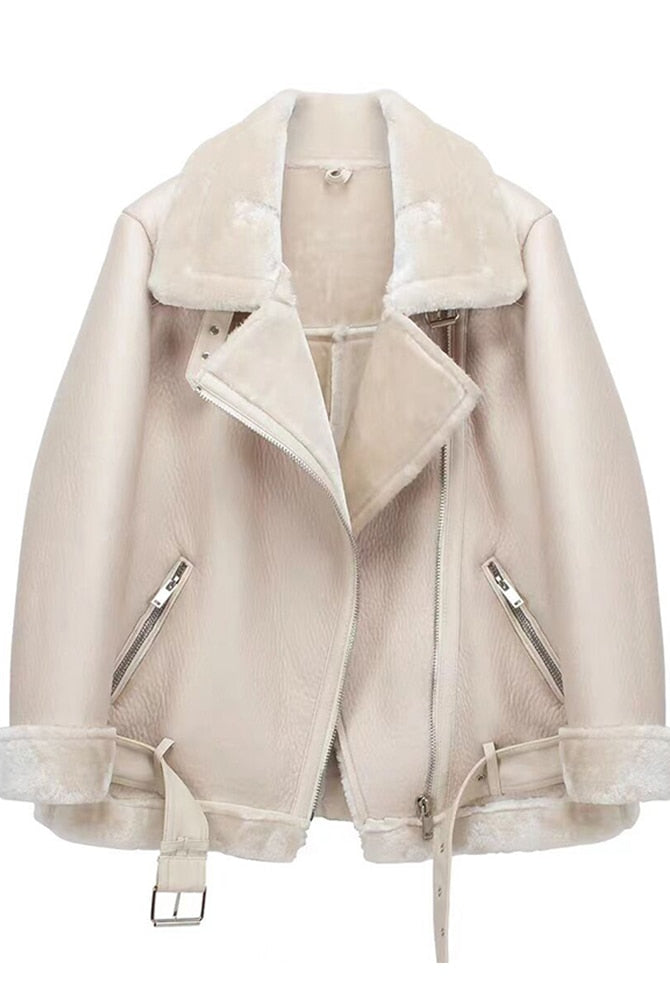 2022 Winter Coats Women Thick Faux Leather Fur Sheepskin Motorcycle Coat