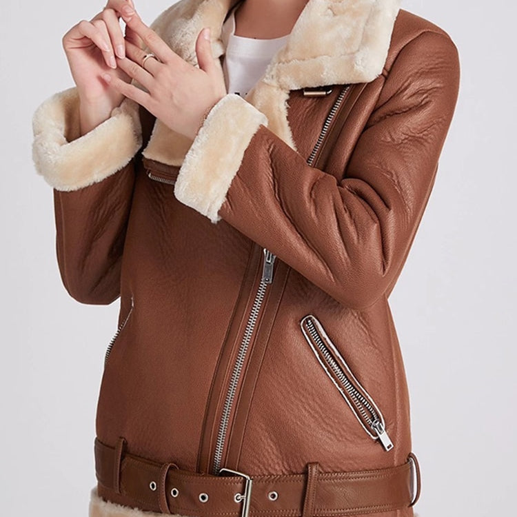 2022 Winter Coats Women Thick Faux Leather Fur Sheepskin Motorcycle Coat