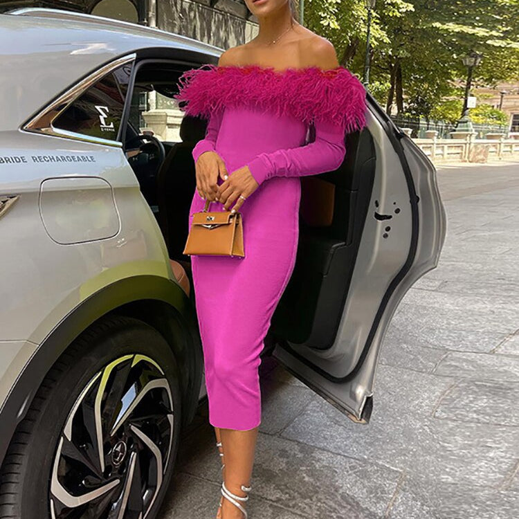 ASHORE SHOP Sexy Strapless Feather cocktail Dress Women Dress Green