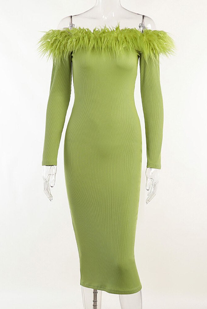 ASHORE SHOP Sexy Strapless Feather cocktail Dress Women Dress Green