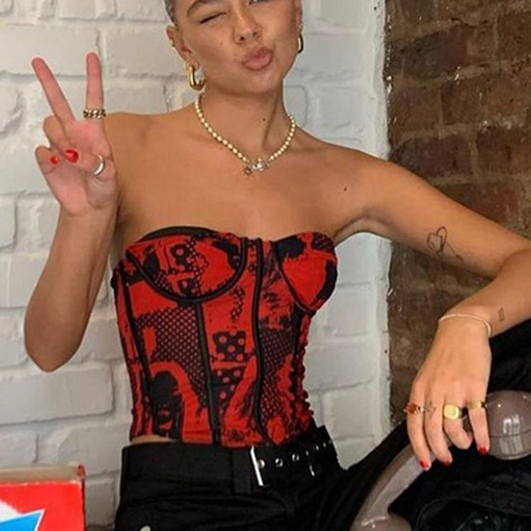 Ashore Shop Women Print Corset Top Sexy Backless Striped Patchwork Stretch Skinny Wild Trend Hot Girl Street Vest