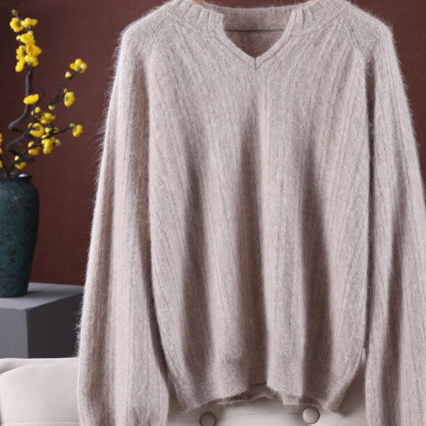 Ashore Shop Womens Mink Cashmere V-Neck Pullover Sweater