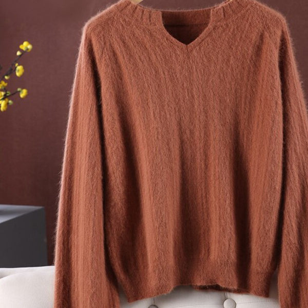 Ashore Shop Womens Mink Cashmere V-Neck Pullover Sweater