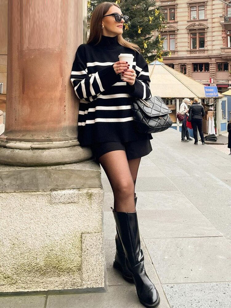 Women 2022 Black Striped Half High Collar Sweater Loose Pullovers