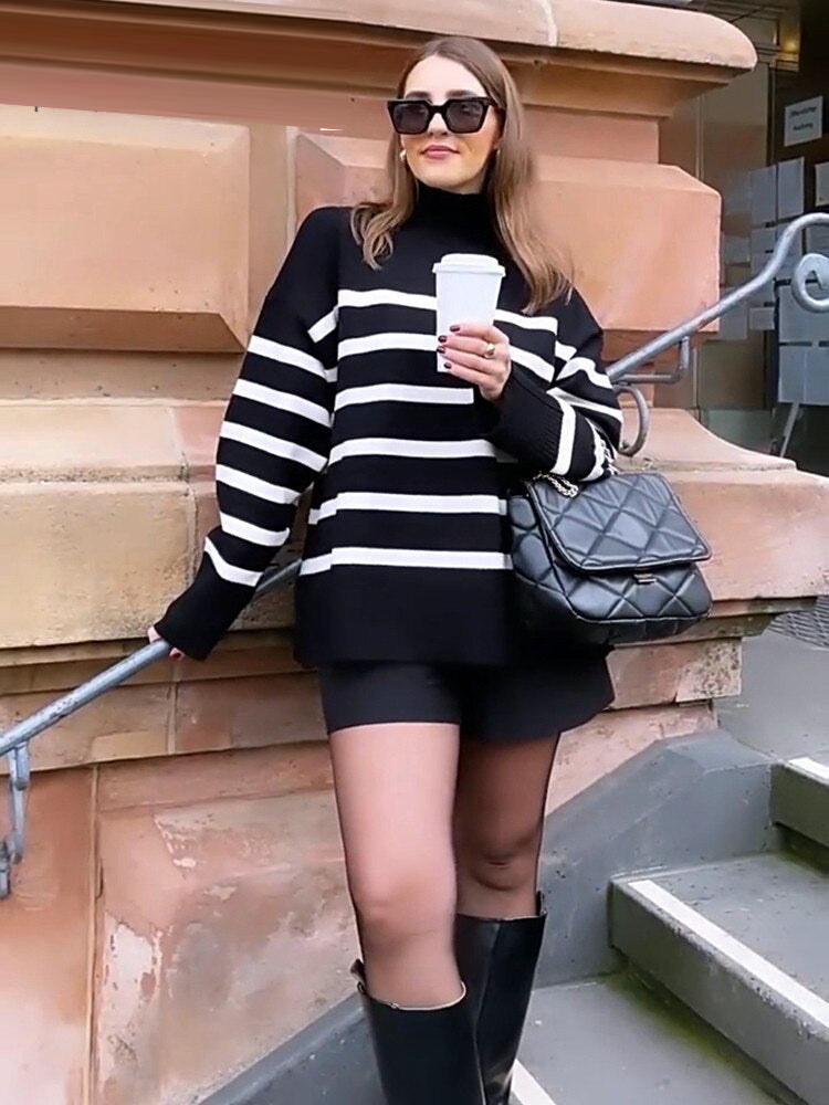 Women 2022 Black Striped Half High Collar Sweater Loose Pullovers