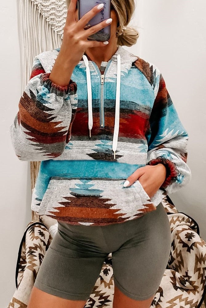 Womens Retro Pullover Hoody Jacquard Pattern Spring Autumn Indian Tribal Ethnic Style