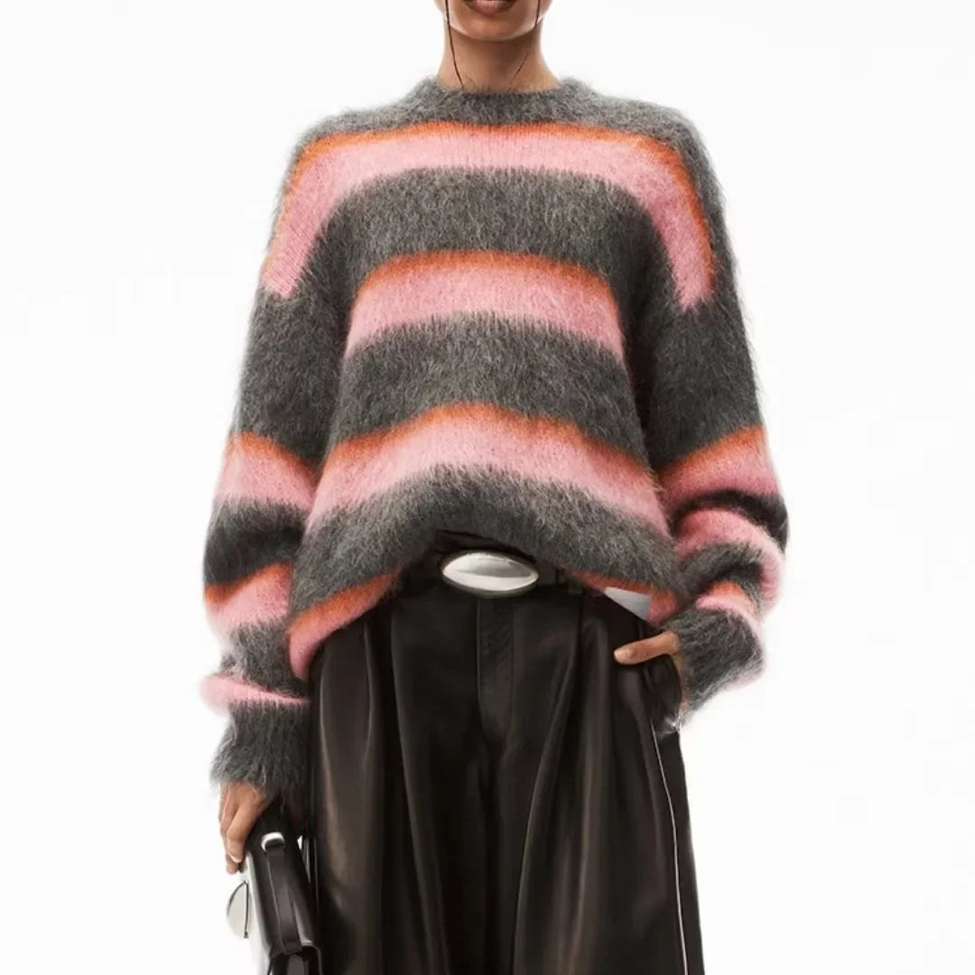 Ashoreshop-2024-New-Autumn-and-Winter-New-Contrast-Striped-Mohair-Loose-Knitted-Sweater-0