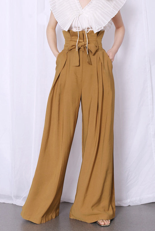 Casual Loose Women Full Length Pants High Waist Ruffle Pleated Wide Leg Pant