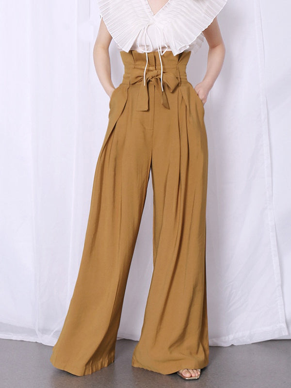 Casual Loose Women Full Length Pants High Waist Ruffle Pleated Wide Leg Pant