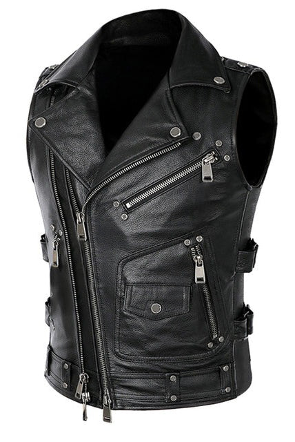 Ashore Biker Shop Black Motorcycle Leather Vest Men Zipper Pockets