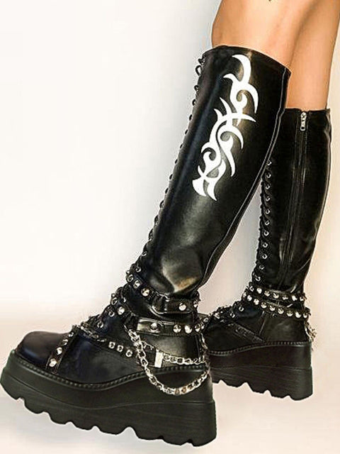 Punk Goth Platform High Wedges Boots Punk Mid Calf Boots