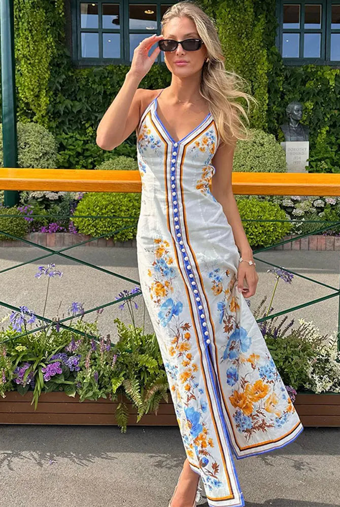 Ashoreshop-Woman Summer Tropical Print Sleeveless Backless Female Maxi Dresses