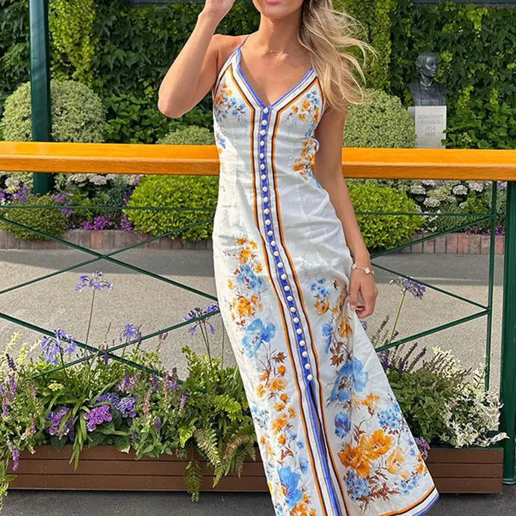 Ashoreshop-Woman Summer Tropical Print Sleeveless Backless Female Maxi Dresses