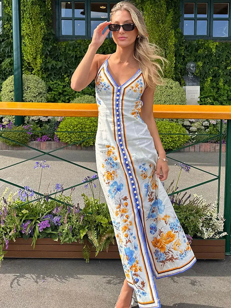 Ashoreshop-Woman Summer Tropical Print Sleeveless Backless Female Maxi Dresses